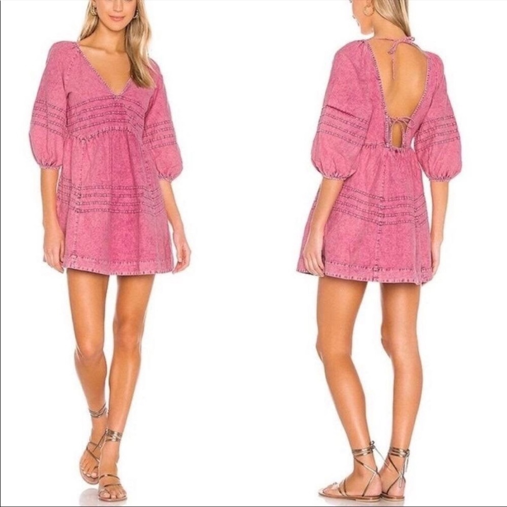 Free People - Pink Denim Puff Sleeve Plunge Mini Dress Size Small